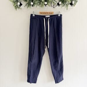 Ines De La Fressange Navy Pinstripe Linen Pants Drawstring Waist Size M 214724